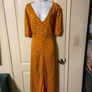 EUC Ava & Viv Mustard & White Dot Short Sleeve V Neck Button Down Midi Dress 2X
